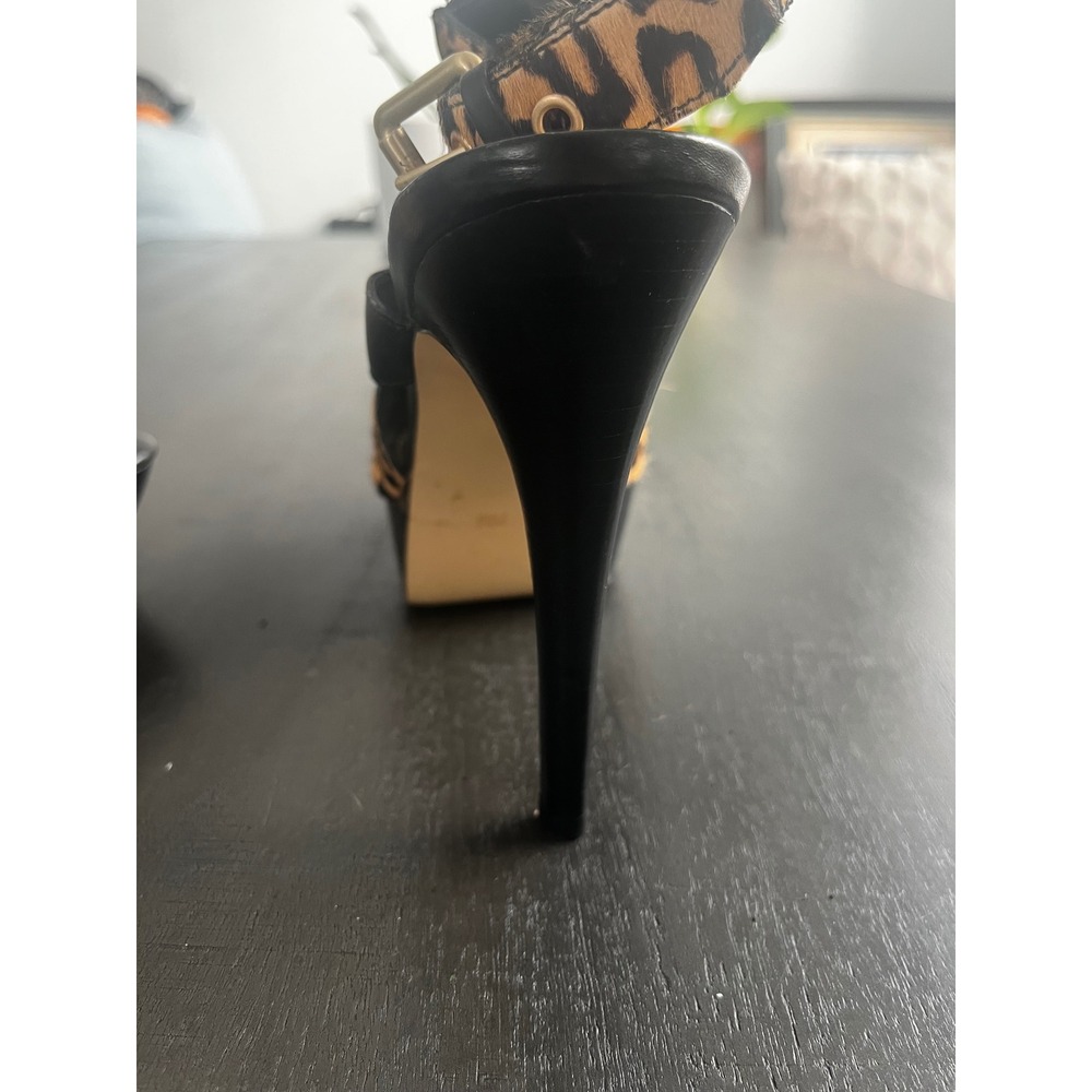 Guess Leopard Print Calf Hair Platform Stiletto Sandals Peep Toe Slingback - Picture 2 of 15